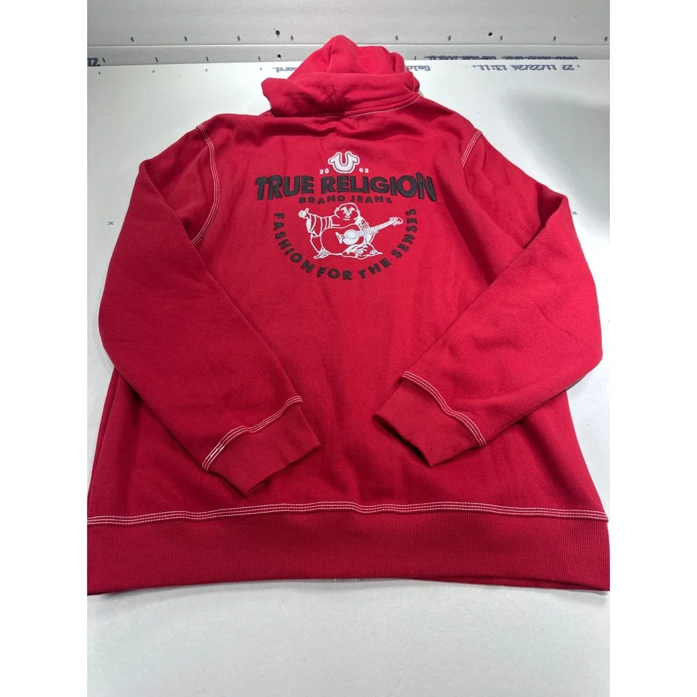 True Religion Mens Red Full Zip Buddha Logo Hoodie White Contrast Stitch XL